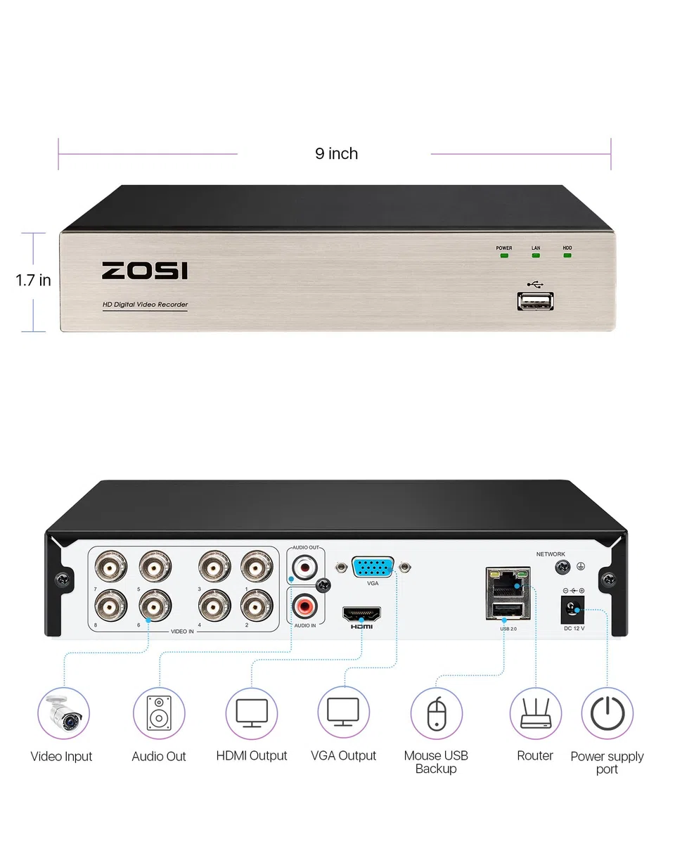 ZOSI 5MP Lite DVR 8 Canales H.265+ 1080p CCTV Grabador, Compatible con Cámaras de Vigilancia AHD/TVI/CVI/CVBS, con Acceso Remoto, Alarma de Movimiento, 2TB Disco Duro