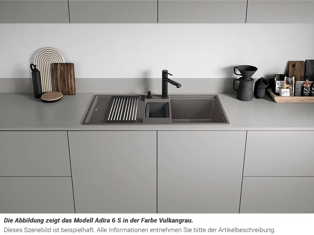 BLANCO ADIRA 6 S, SILGRANIT negro, tipo de montaje: instalación desde arriba, reversible, con mando a distancia, con accesorios, armario bajo de 60, lavabo grande, superficie fácil de limpiar