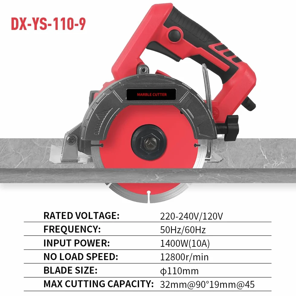 Hancaner Sierra de piedra seca, 1400 W, incl. Ø 110 mm, disco de corte muy resistente, corte de fase de 12800 rev/min y 0-45 grados de mármol, azulejos, cerámica, madera, PVC