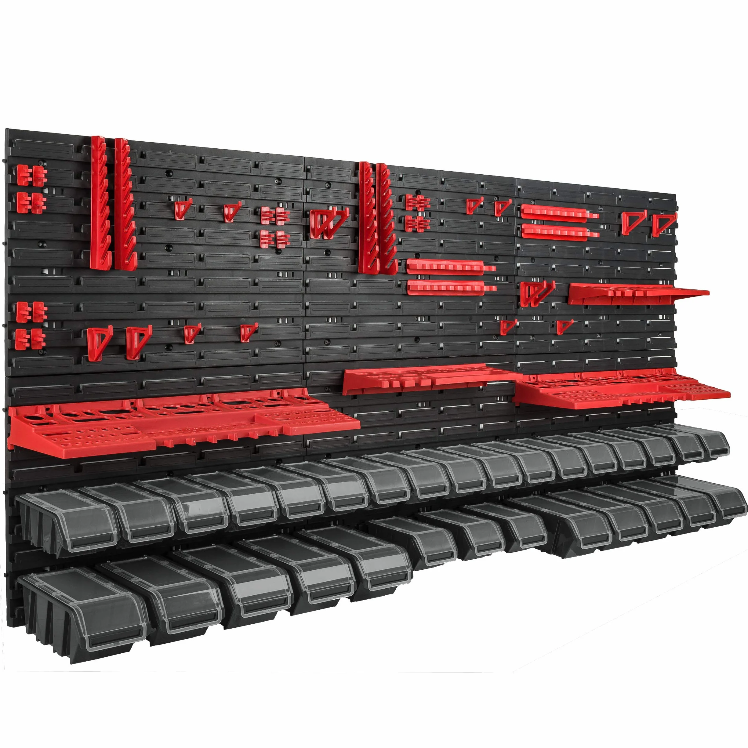 Estantería de Pared Botle de 178 x 78 cm, Kit de Almacenamiento con 30 Cajas de Plástico Negro con Tapa Transparente, Portaherramientas para Taller y Banco de Trabajo
