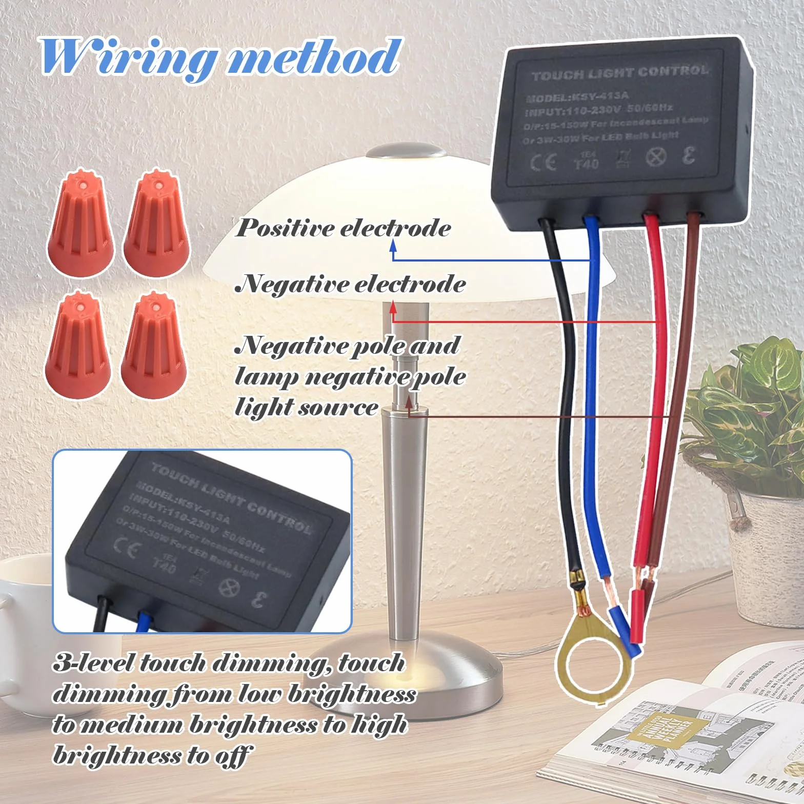 Juego de 2 interruptores táctiles para lámparas de mesa, 4 vías, sensor táctil, regulador de intensidad, con tapas de cable, para lámparas de mesa, lámparas de pie, lámparas de pared y