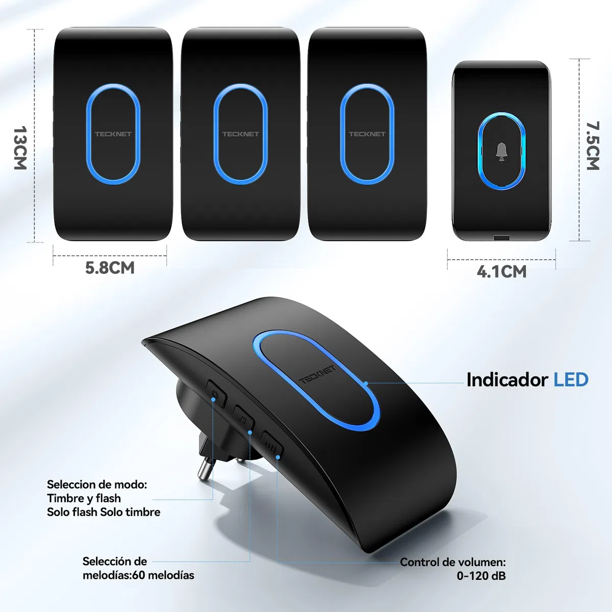 TECKNET Timbre Inalámbrico Exterior Impermeable con 3 Receptores Enchufables, IP65 Impermeable Doorbell 400M, 60 Melodías & 5 Niveles de Volumen, 3 Modos de Trabajo, Indicador LED, Negro