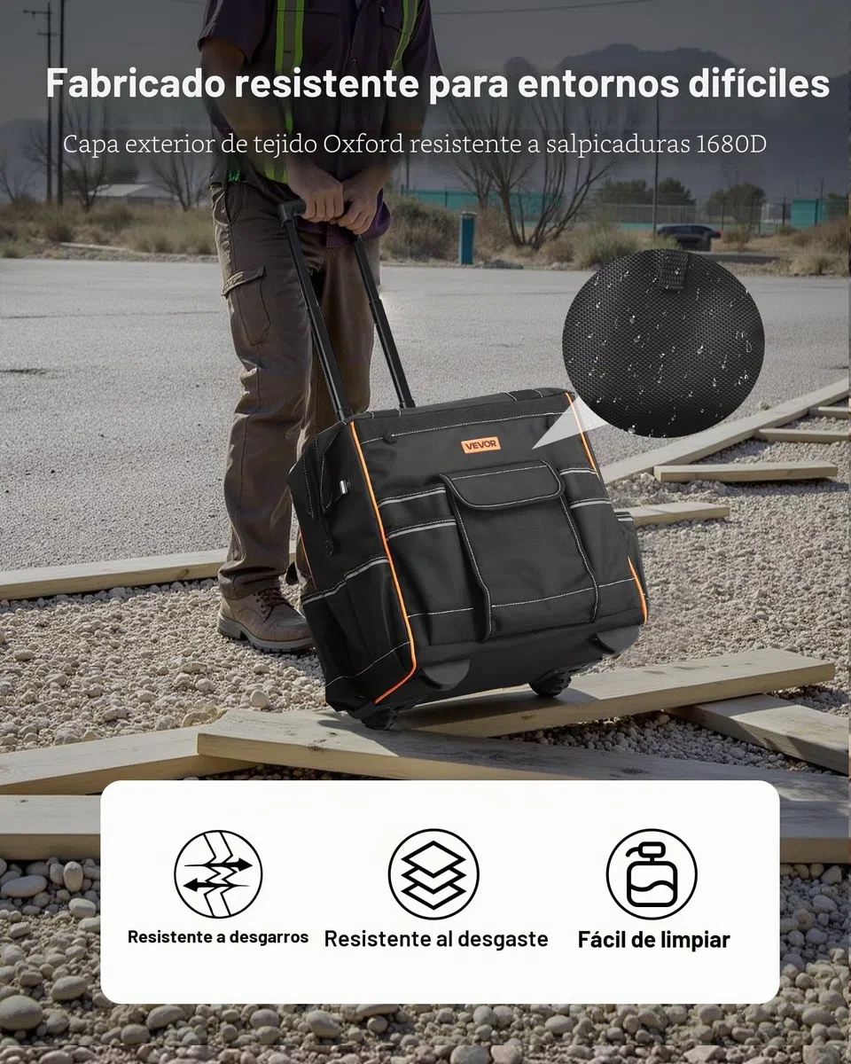 VEVOR Mochila con Ruedas de 39 x 29 x 42 cm Capacidad de Carga de 50 kg, Mochila de Herramientas Resistente con 25 Bolsillos, Asa Telescópica Ajustable y Base Estable para Construcción y Mecánico