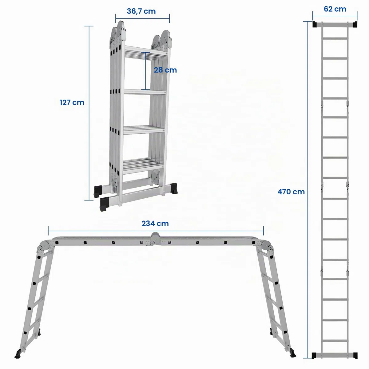 Ikodm Escalera Multiusos de 4 x 4 peldaños, 4,7 m, 7 en 1, de Aluminio, hasta 150 kg, con 2 Ruedas de Transporte y 2 Plataformas, Escalera articulada Plegable
