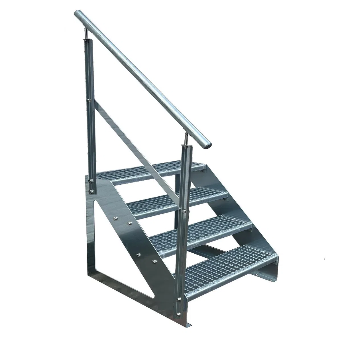 Escaleras de zanca de acero 4 Escalones Independiente Totalmente galvanizada con barandilla a la izquierda - Medidas (L x A x A) 82cm x 60cm x 76cm Resistente a la intemperie y la corrosión