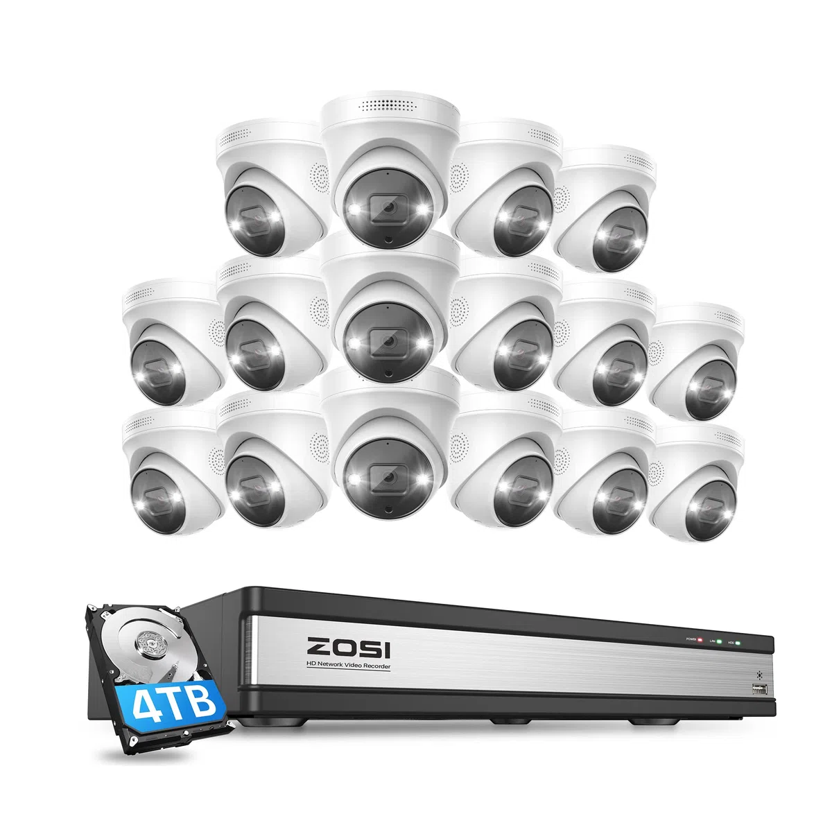 ZOSI 4K Kit de Cámaras de Vigilancia PoE 16pcs Cámaras de Seguridad Exterior con 16CH 8MP H.265+ Grabador NVR, Visión Nocturna en Color, Alarma de Luz y Sirena, Audio, 4TB HDD Incluido