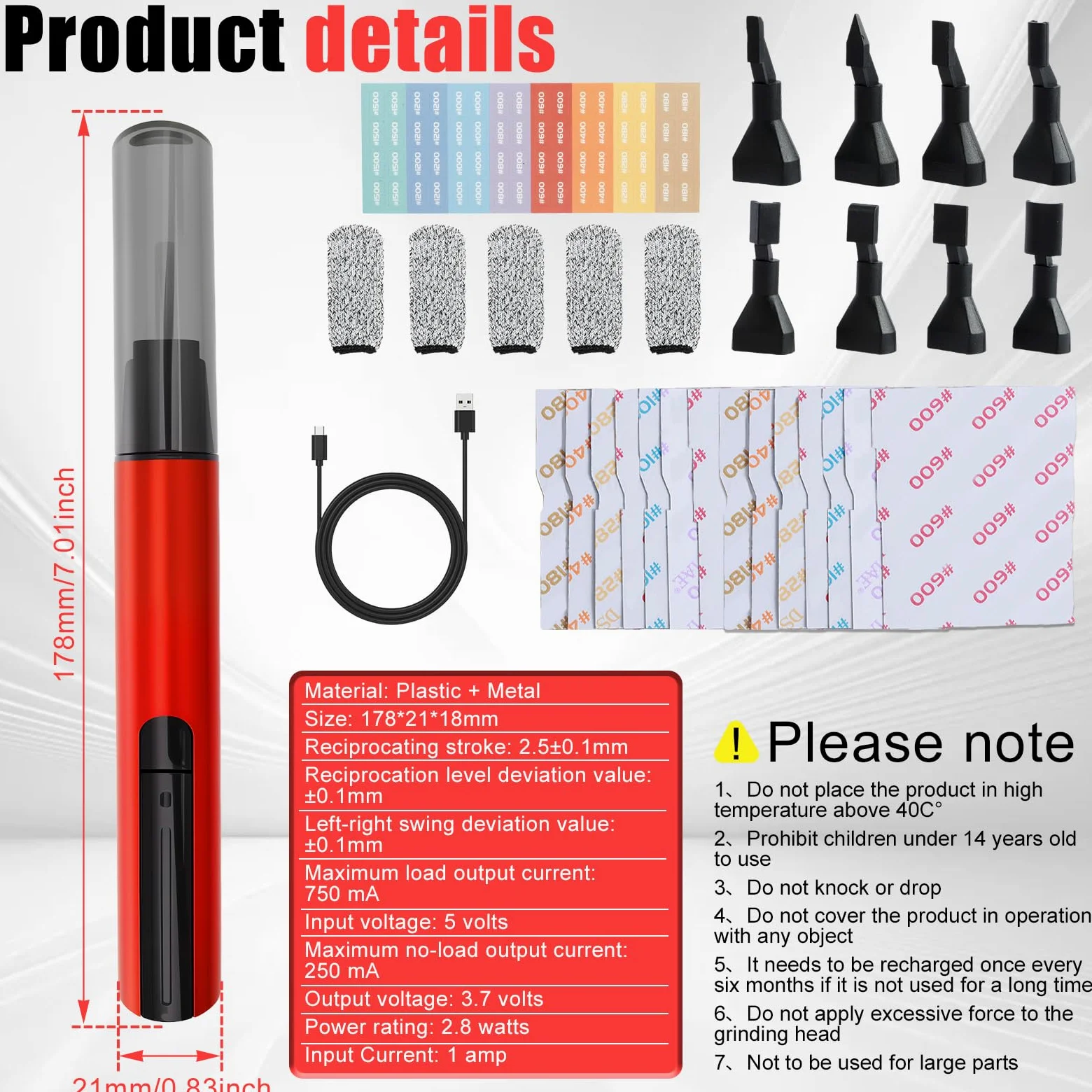 Mini lijadora de sable con 8 tipos de cabezales, 12 variedades, papel de lija autoadhesivo, 10 luces de control, inalámbrica, protección contra sobrecarga