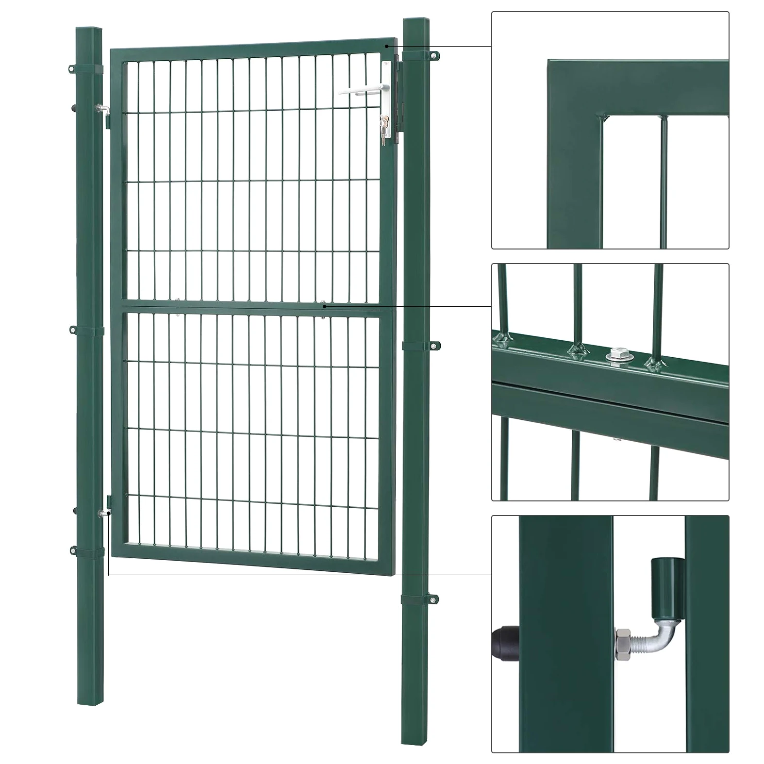 SONGMICS Puerta de Jardín de Acero Galvanizado, Puerta para Valla, con Cerradura, Manija y Llave, 106 x 150 cm (Largo x Alto), Verde GGD200L