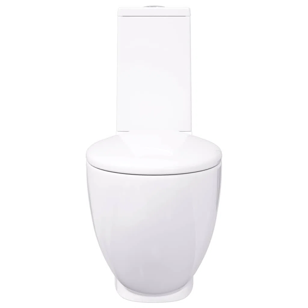 vidaXL Inodoro WC Redondo Váter Cuarto de Baño Aseo Asiento Tapa Bisagra Cierre Suave Ahorra Agua de Cerámica Flujo hacia Abajo Blanco