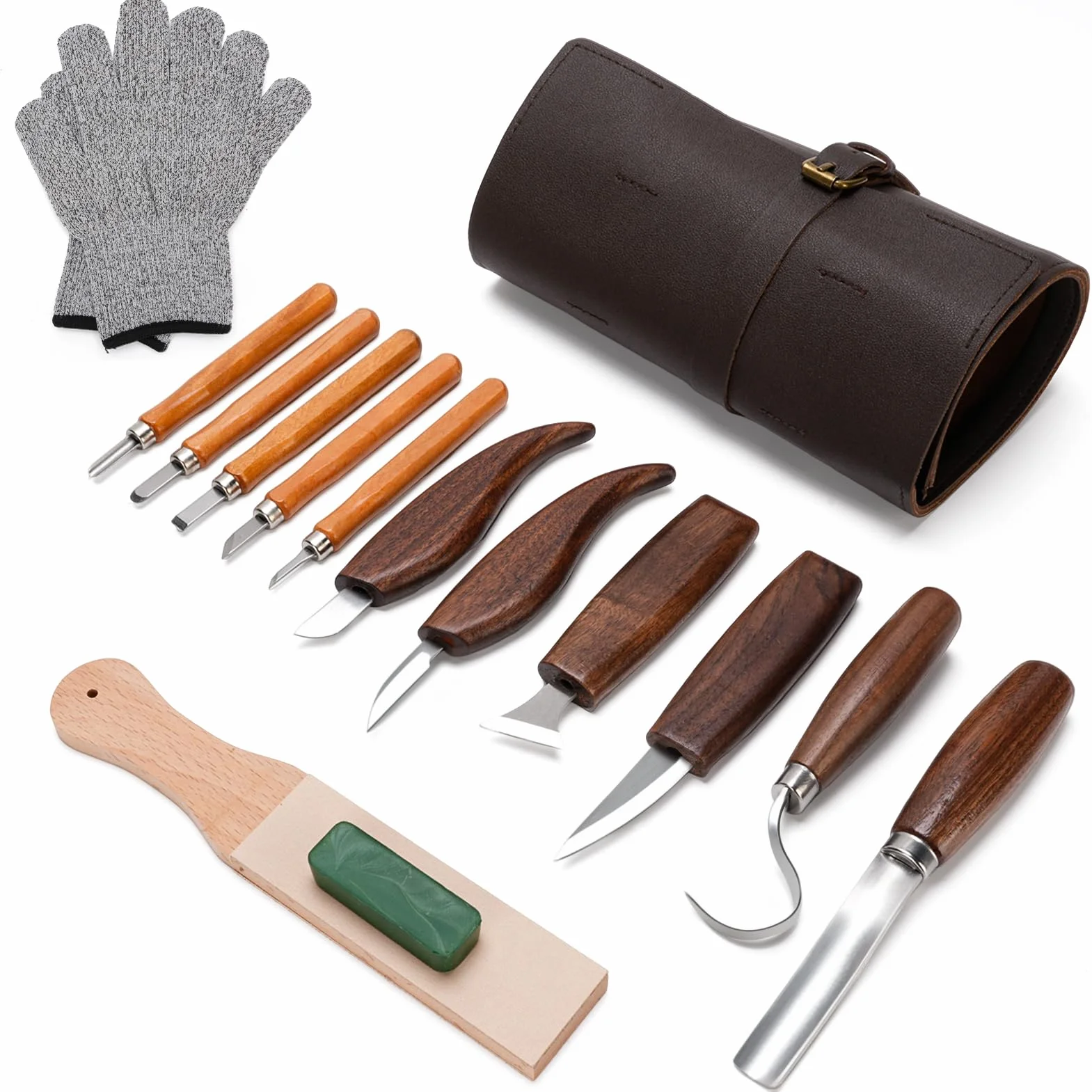 Gubias Para Tallar Madera Herramientas De Tallado De Detalles De 15 Piezas, Formones Para Madera Raspador De Madera Con De Nogal Y Kit De Tallado Con Piedra De Pulido Y Afilado