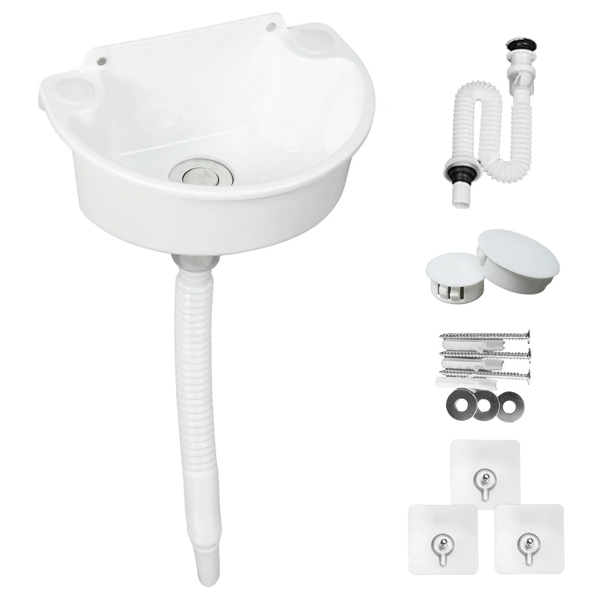 Fregadero de plástico, fregadero de lavabo, pequeños lavabos colgantes con accesorios de drenaje, fregadero para autocaravana para camping, jardín, sótano, baño de obra (blanco)