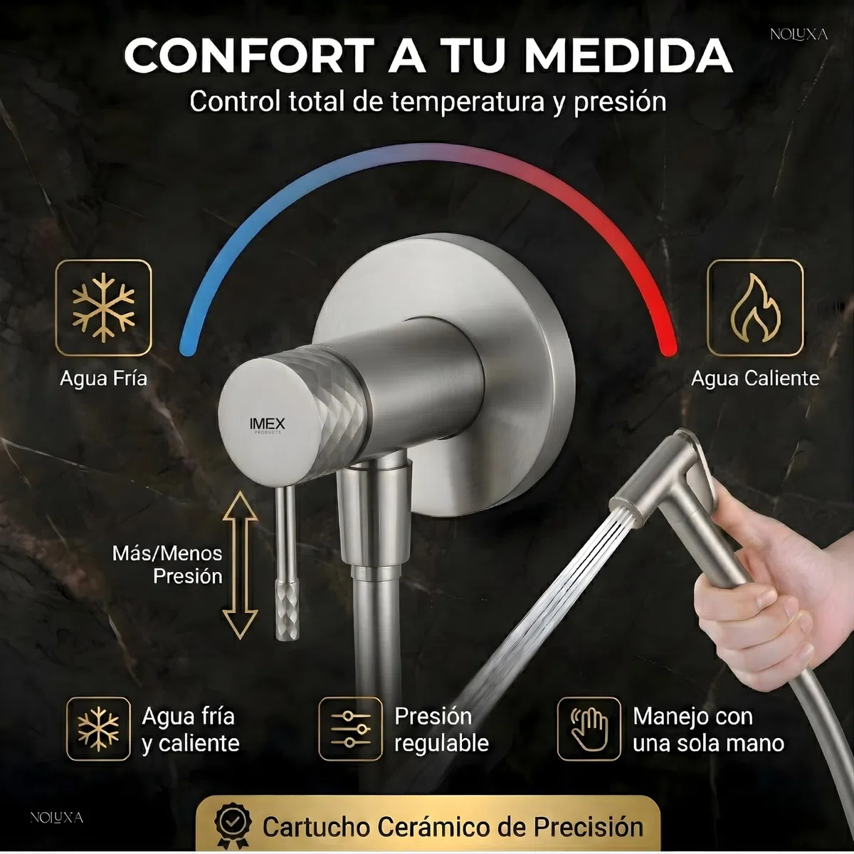 IMEX - Ducha Bidet Agua Fría y Caliente Color Níquel Cepillado | Grifo Bidet Empotrado para WC | Ducha Higiénica Monomando para Inodoro | Grifería Sustituto de Bidé | Serie Génova