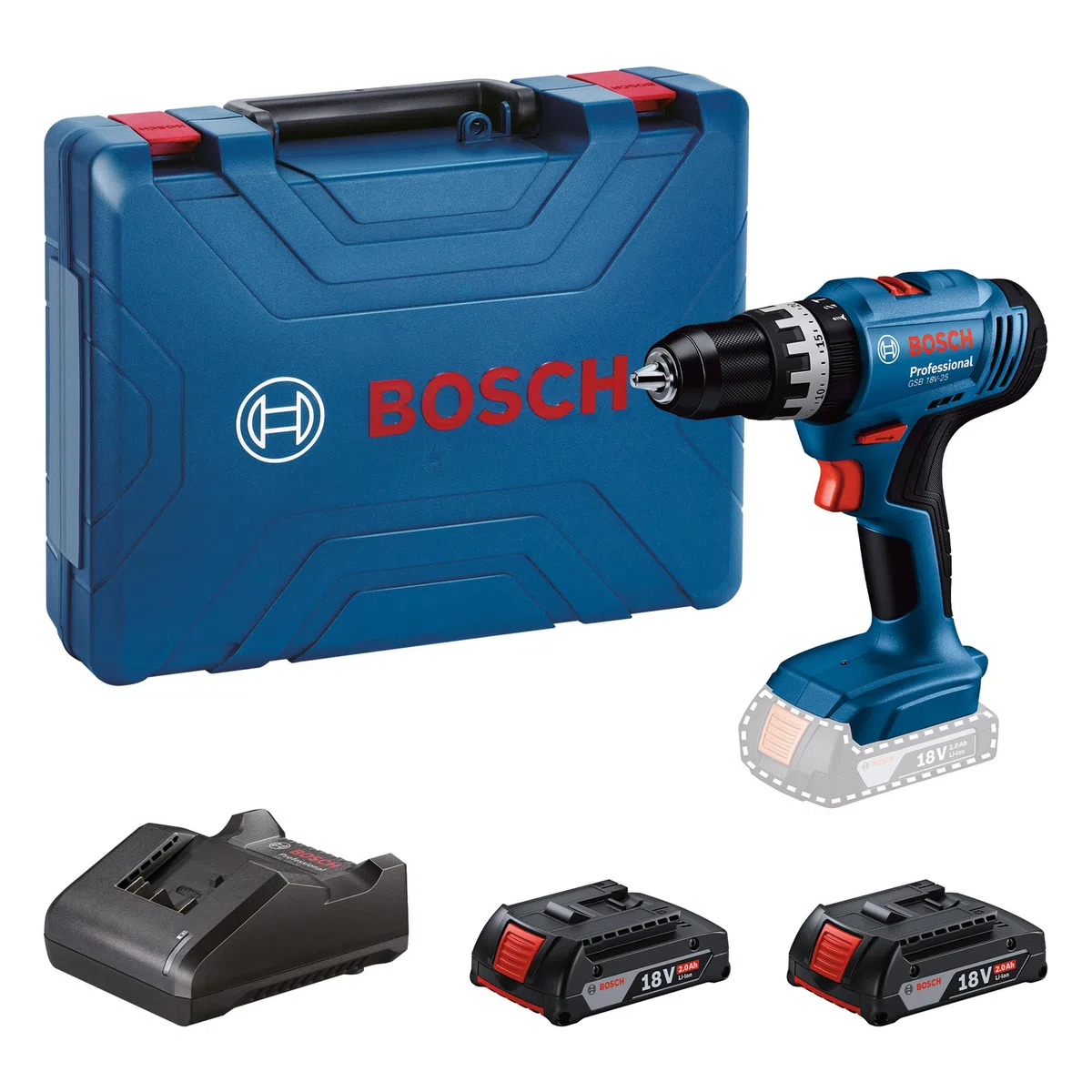 Bosch Professional 18V System Taladro Percutor a Batería GSB 18V-25 (Ø máx. del tornillo 10 mm, incl. 2 GBA 18V 2.0Ah, 1 GAL 18V-20, maletín de transporte)