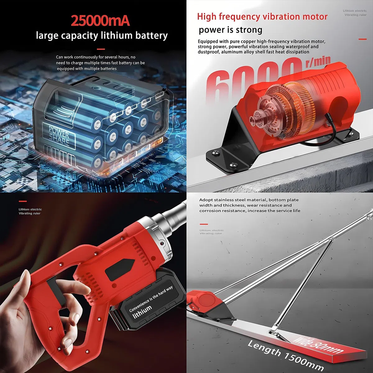 Regla Vibrante Eléctrica para Hormigón, Motor Brushless De Cobre, 2 Baterías De Litio 25000mA, Nivelador De Hormigón Profesional, Motor De Alto Rendimiento TwoMotor1.8M