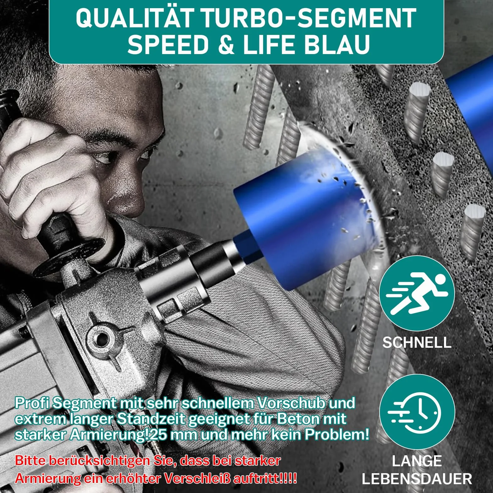 Corona de perforación de diamante para máquina de perforación de núcleo, taladro de núcleo turbo con SDS-Plus - 1 1/4" - Ø 62mm - Longitud total 460 mm - de aleación de metal - Taladro de núcleo para