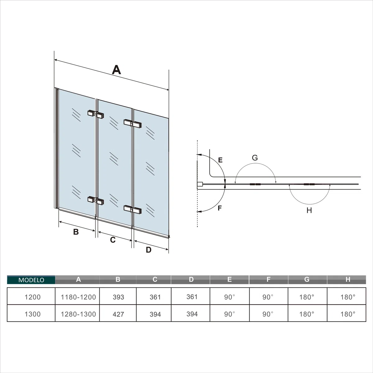 AICA Mampara de Bañera Abatible 3 Hojas Cristal Antical 6mm 3 veces plegable Tamaño (1280-1300) x1400mm