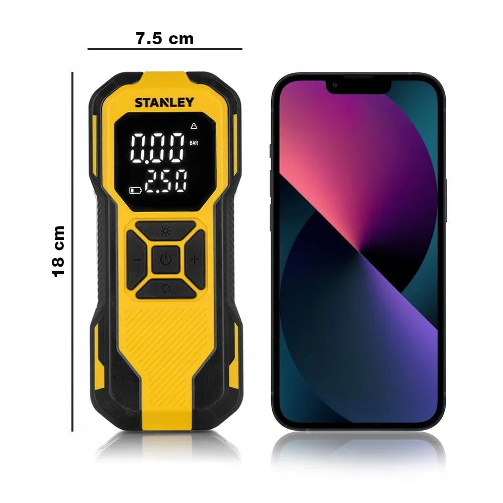 STANLEY - Inflador de aire mini inalámbrico, bomba portátil de 12V para neumáticos de coche y bicicleta, manómetro digital y luz LED, diseño compacto, amarillo
