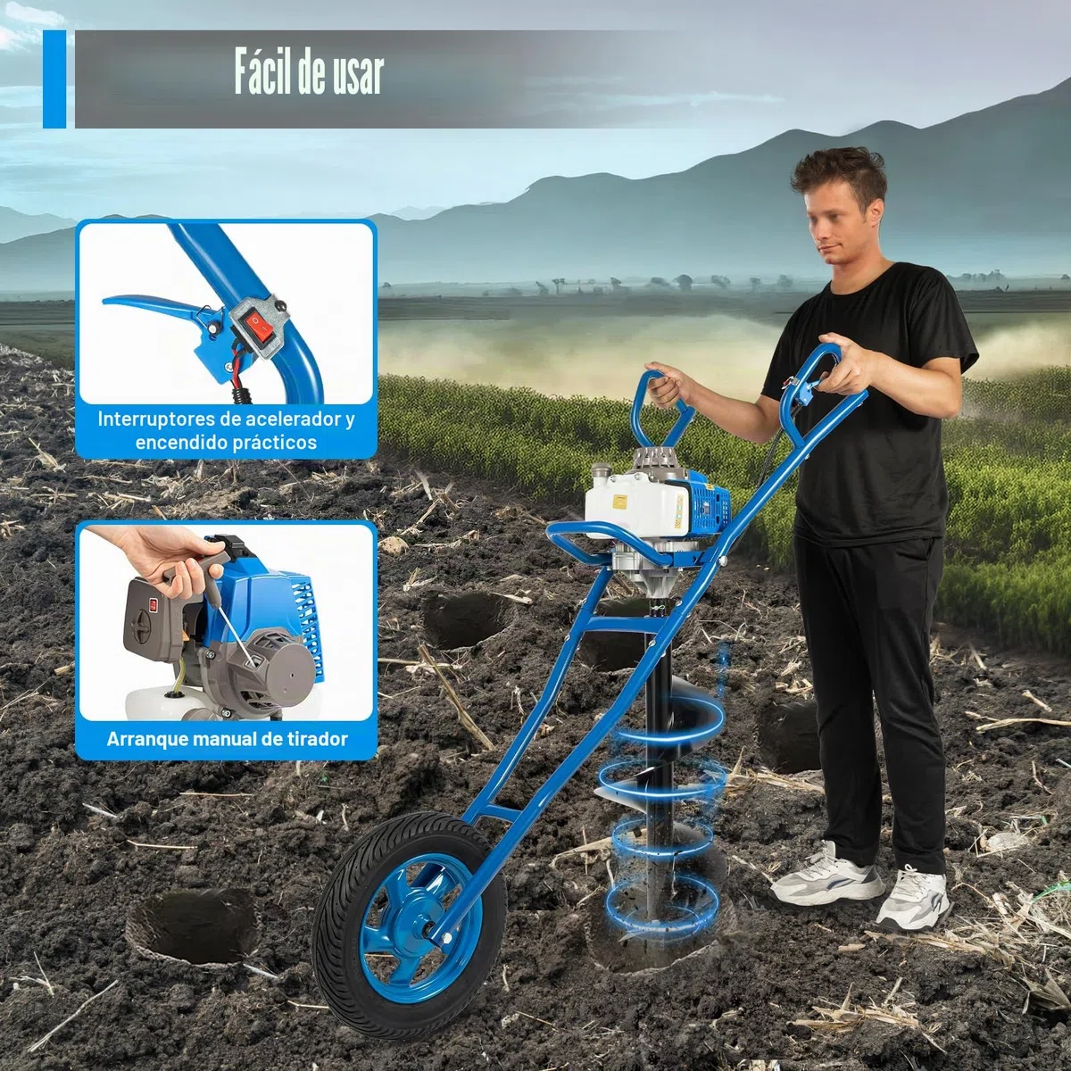 Broca de tierra de 2 tiempos, 63 cc, gasolina, con ruedas, 2200 W, 8800 ± 300 rpm, para jardín, gasolina, 1,3 L, capacidad del depósito de combustible, excavadora, poste de valla con broca de 300 mm