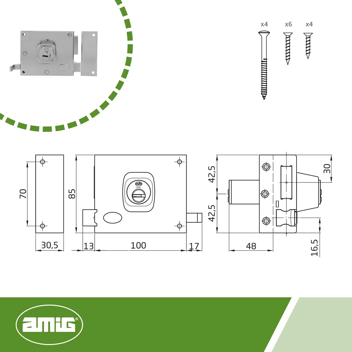 Amig - Cerradura de Sobreponer de Derecha con Palanca de Cierre, Lengüeta y Tirador para Puertas de Madera Mod. 72-100 x 85 mm - Pestillo Con Cilindro Redondo - Acero Cromado Brillo