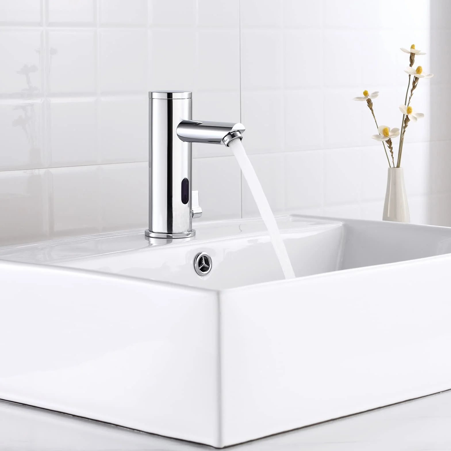 Achelous Grifo de Lavabo Automático con Sensor Infrarrojo, Grifo Automático Sin Contacto Agua Caliente y Fría Mezclador Lavabo de Latón para Baño de Pilas Cromado