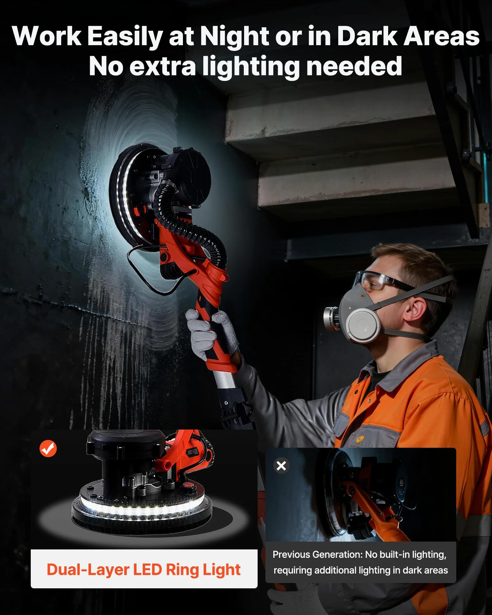 VEVOR Lijadora de Pared y Techo 1150W, Lijadora Jirafa, 5 Velocidades 800-1700 RPM, Tubo Telescópico 1,4-1,8 m, Aspiradora LED Integrados, 15 Hojas de Papel de Lija, Pulidora para Pared de Yeso Gotelé