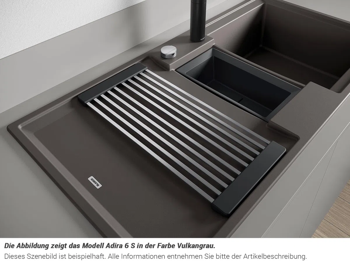 BLANCO ADIRA 6 S, SILGRANIT negro, tipo de montaje: instalación desde arriba, reversible, con mando a distancia, con accesorios, armario bajo de 60, lavabo grande, superficie fácil de limpiar