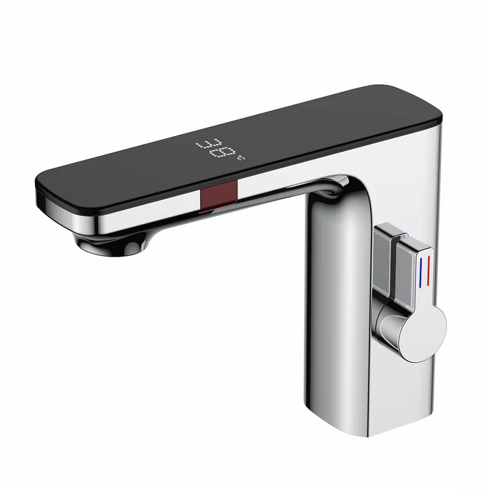 SPORTARC Grifo de lavabo con sensor inteligente, grifos con sensor de lavabo de baño, pantalla digital, grifo mezclador de agua fría caliente, grifo automático sin contacto de 1/2 pulgada (cromado)