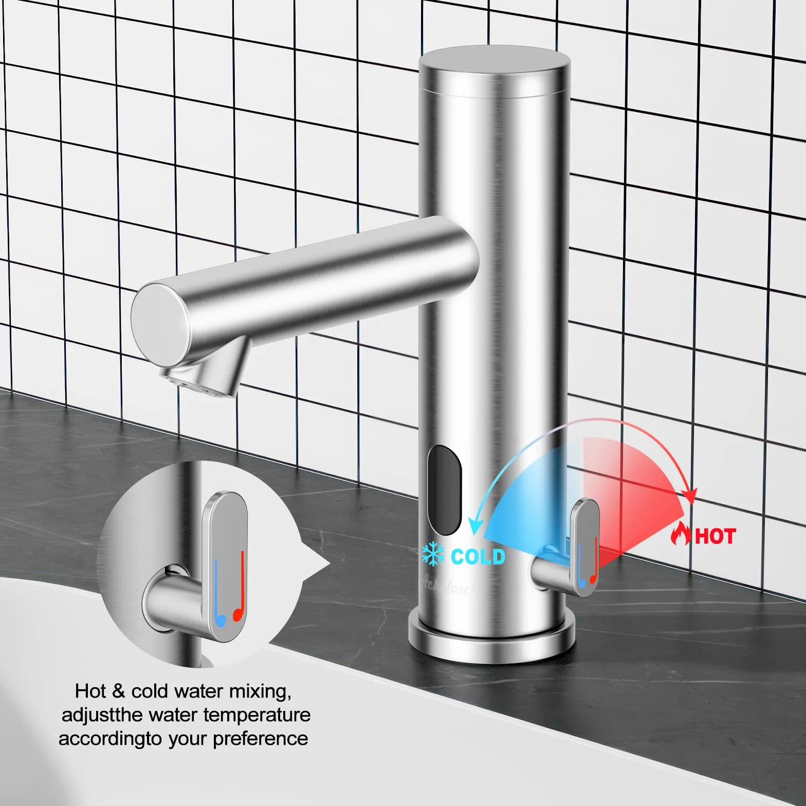 Achelous Grifo de lavabo automático Touchless de acero inoxidable, grifo de lavabo con sensor infrarrojo manos libres con control de temperatura