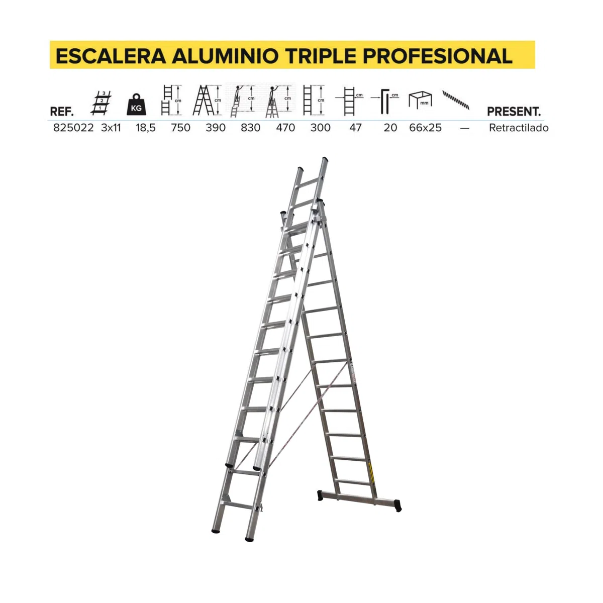 Homelux 825022 Escalera Aluminio Triple, 3 + 3 +3, 3 x 11 Peldaños, 18.5 kg