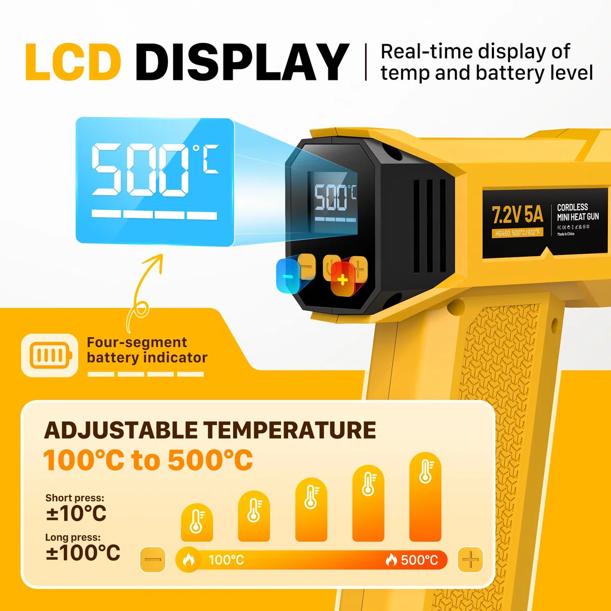 SEEKONE Pistola de Calor Inalambrica 7,2 V, Temperatura Variable 100-500°C con Pantalla LCD