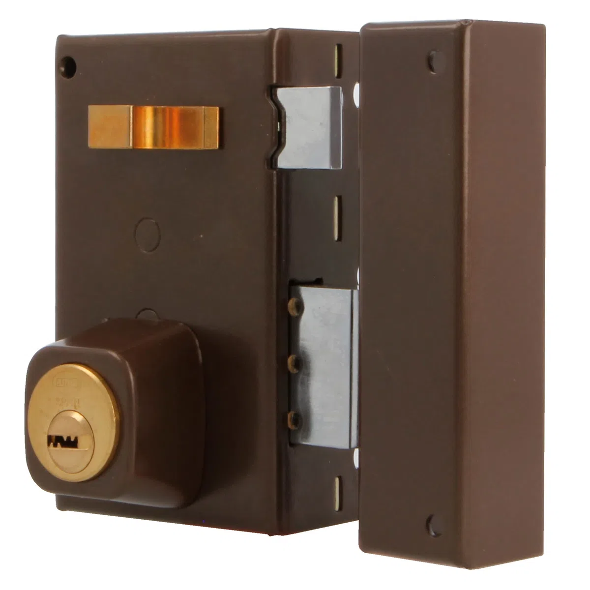 Amig - Cerradura de Sobreponer de Derecha con Palanca de Cierre - Tirador para Puertas de Madera - Mod. 75 67 x 112 mm - Cilindro Redondo de Seguridad - Acero - Marrón
