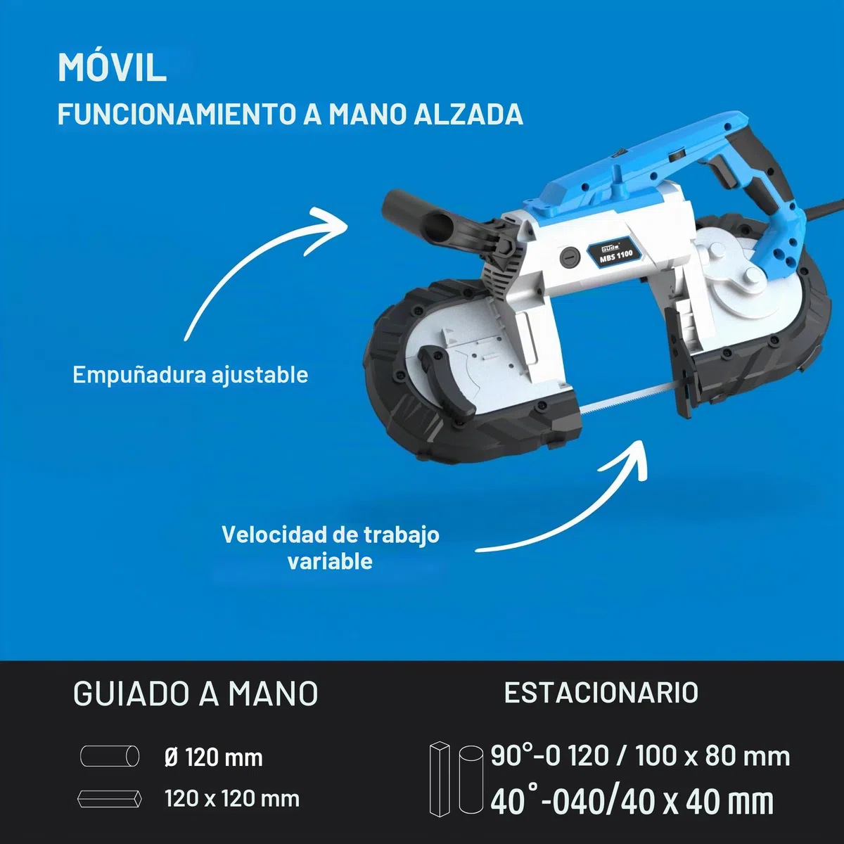 Güde Sierra de cinta metálica MBS 1100 (1100 W, mesa de trabajo extraíble (uso estacionario y móvil), velocidad de banda 144 m/min, 2 cintas de sierra 1140 mm, luz LED, potencia de corte