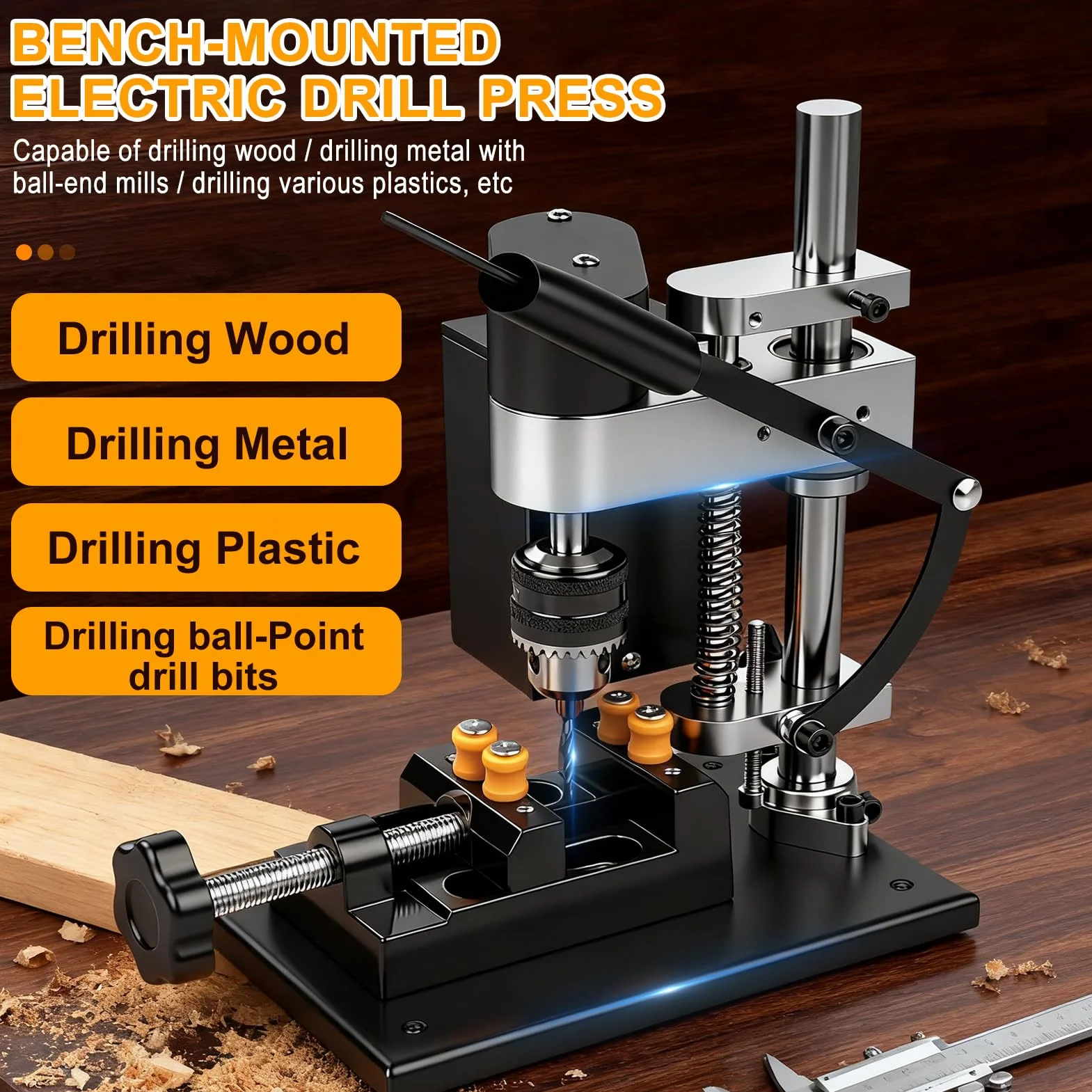Mini Taladro de Banco, Taladro de Columna 200 W, 7 Velocidades Ajustables, Ajuste de Altura 50 mm, Portabrocas 0,6-6 mm, Carrera de Perforación 50 mm, Motor 775 para Metal, Madera, Acrílico y Aluminio