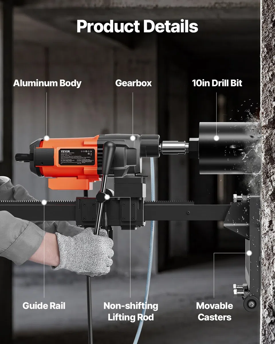VEVOR Taladro de Diamante Diámetro Máximo de 26 cm Máquina Perforadora de Diamante Profundidad de 60 cm Taladradora Diamantina Húmeda 3200 W 750 rpm para Agujeros Construcción de Hormigón Armado