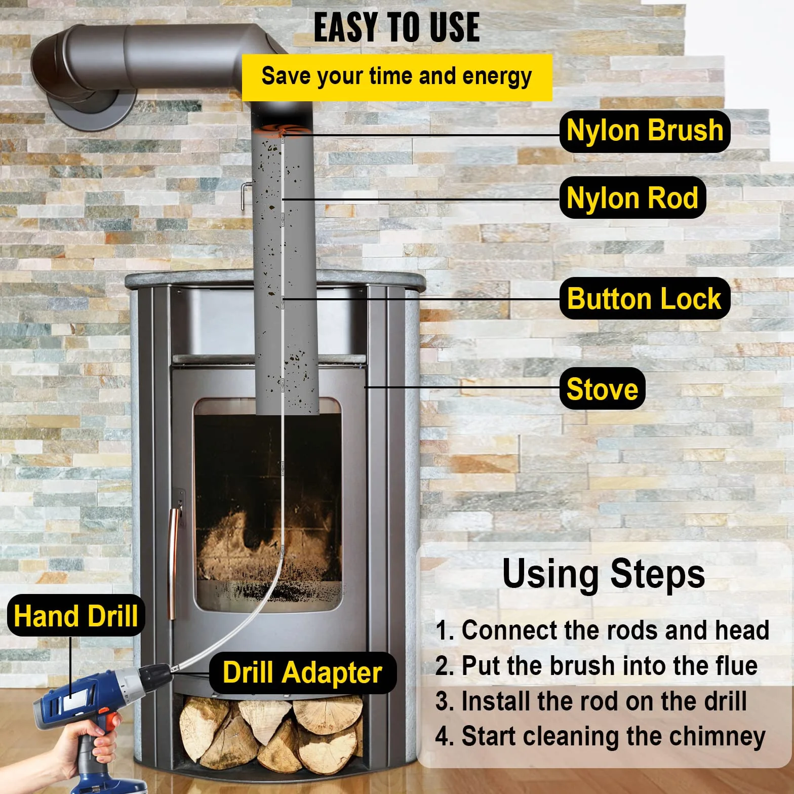 VEVOR Kit Deshollinador Flexibles 8 m Con 8 Varillas - Cepillo Nylon Para Chimeneas de Leña - Limpia Chimeneas 6M 8M 10M 12M