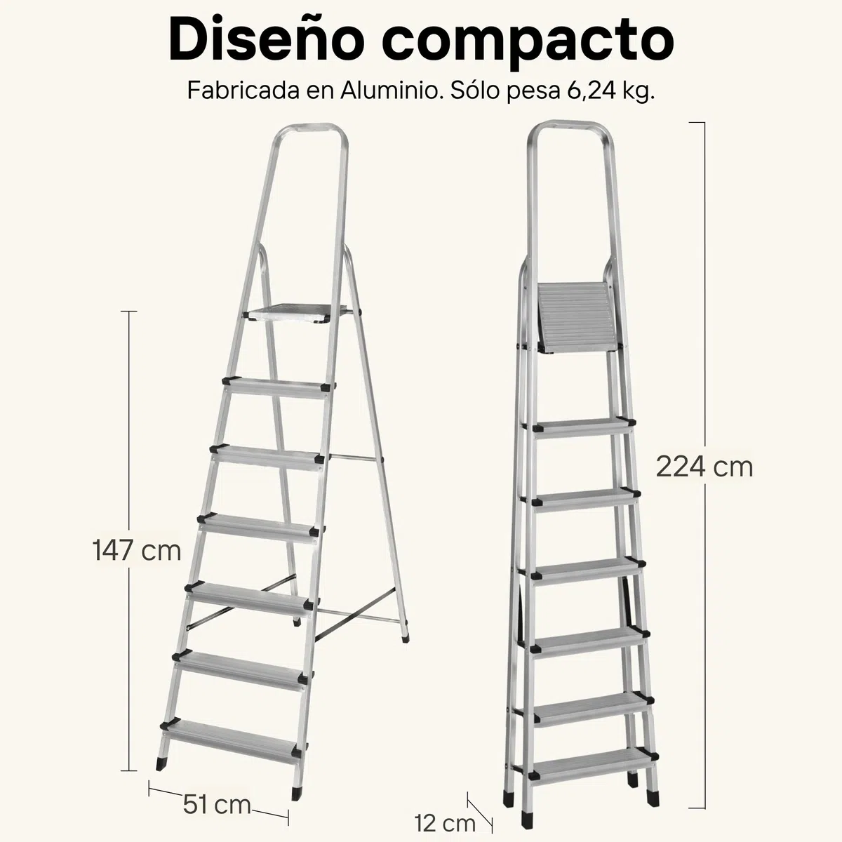 Escalera Plegable 7 Peldaños de Aluminio Homologada - Fabricada en Europa - Antideslizante, Resistente y Segura - Carga máx. 150 kg, Altura útil: 147 cm