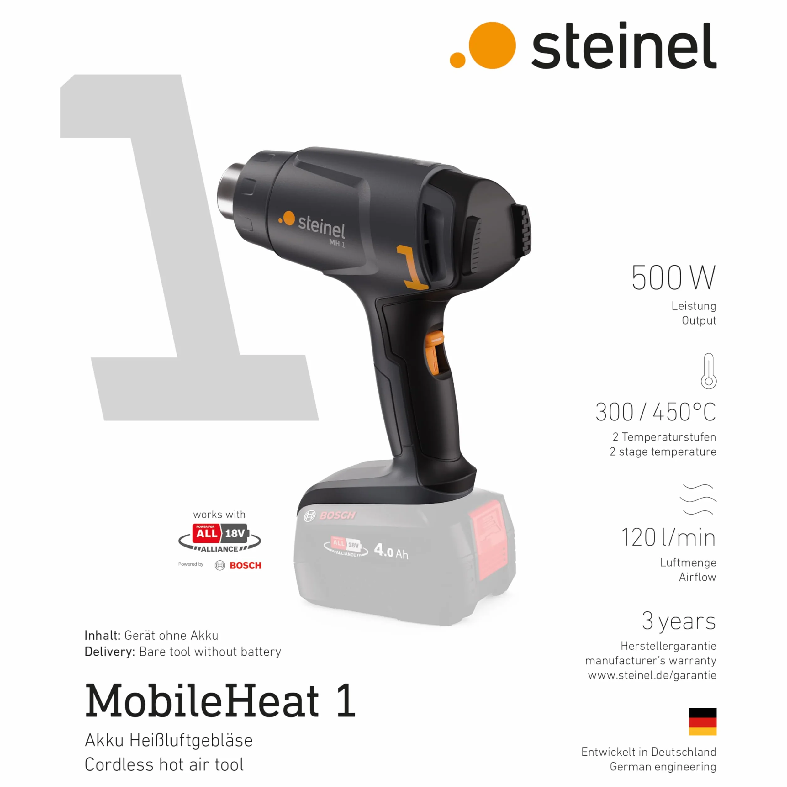 Steinel Pistola de aire caliente sin cable MH 1, sistema Bosch PFA 18V, 2 niveles de temperatura 300°C/450°C, pistola de calor para soldar y retractilar