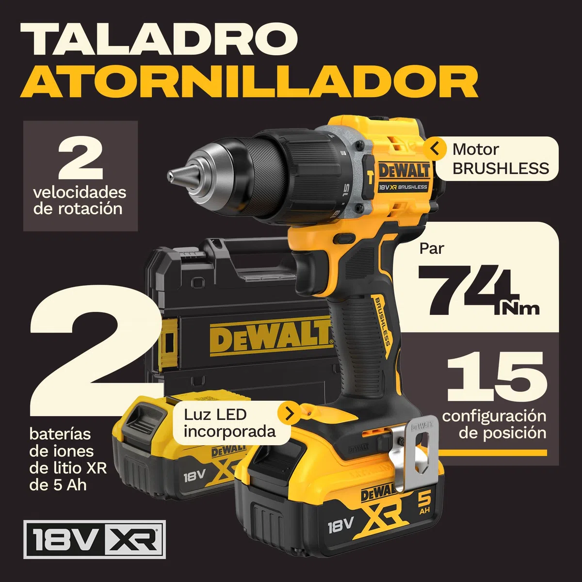 DEWALT Taladro percutor compacto sin escobillas 18V XR con 2 baterías de iones de litio de 5Ah y caja de kit TSTAK, enchufe europeo, DCD799P2T-QW