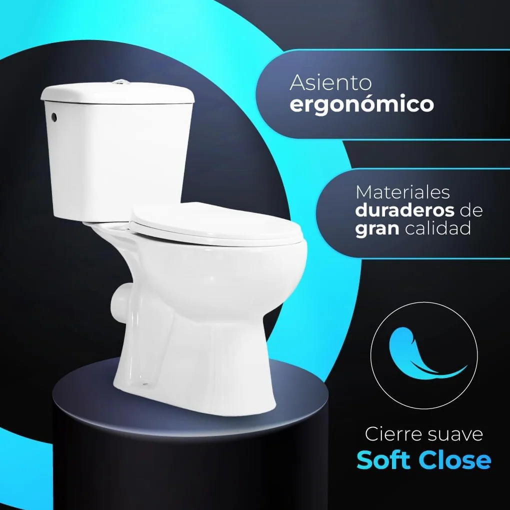 Inodoro Completo - WC Inodoro Completo con Sistema Rimless Antibacterias - Vater Baño con Tapa Dura Extrafina Amortiguada - Inodoro Salida Dual Eficiente con Ahorro de Agua (RIGAH, BIDE)