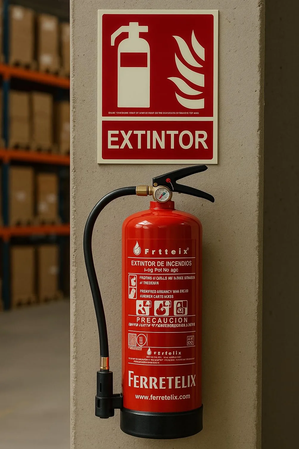 Ferretelix®. Extintor 6 kg polvo ABC ALTA EFICACIA 34A 233B + soporte de pared + cartel fotoluminiscente extintor. FABRICADO EN 2026