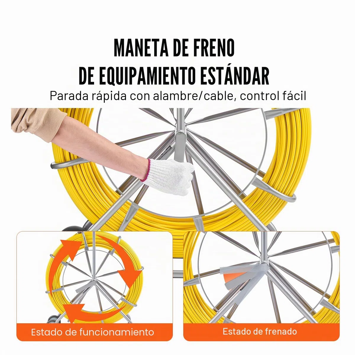VEVOR Cinta de Pescado de Fibra de Vidrio de 200,09m Diámetro de 7,94mm Extractor de Cables con Varilla para Pasar Cables, Soporte de Carrete de Acero, 3 Cabezales de Extracción, Herramientas de Pesca