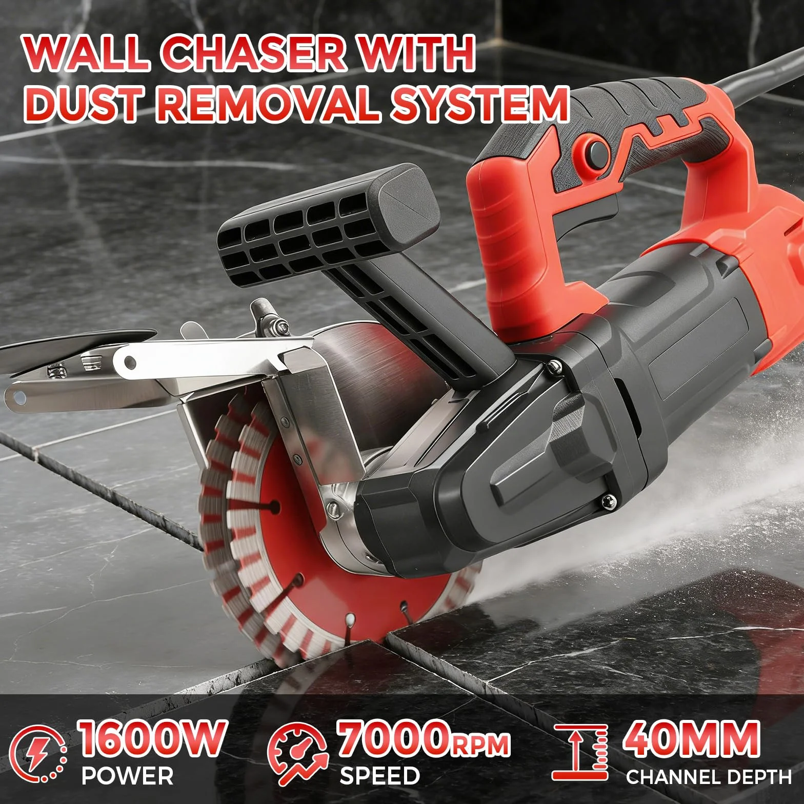 Rozadora de pared con sistema de eliminación de polvo, 1600 W, 7000 RPM, ancho de corte máximo de 35 mm, profundidad de canal de 40 mm, con 2 discos de corte de 133 mm