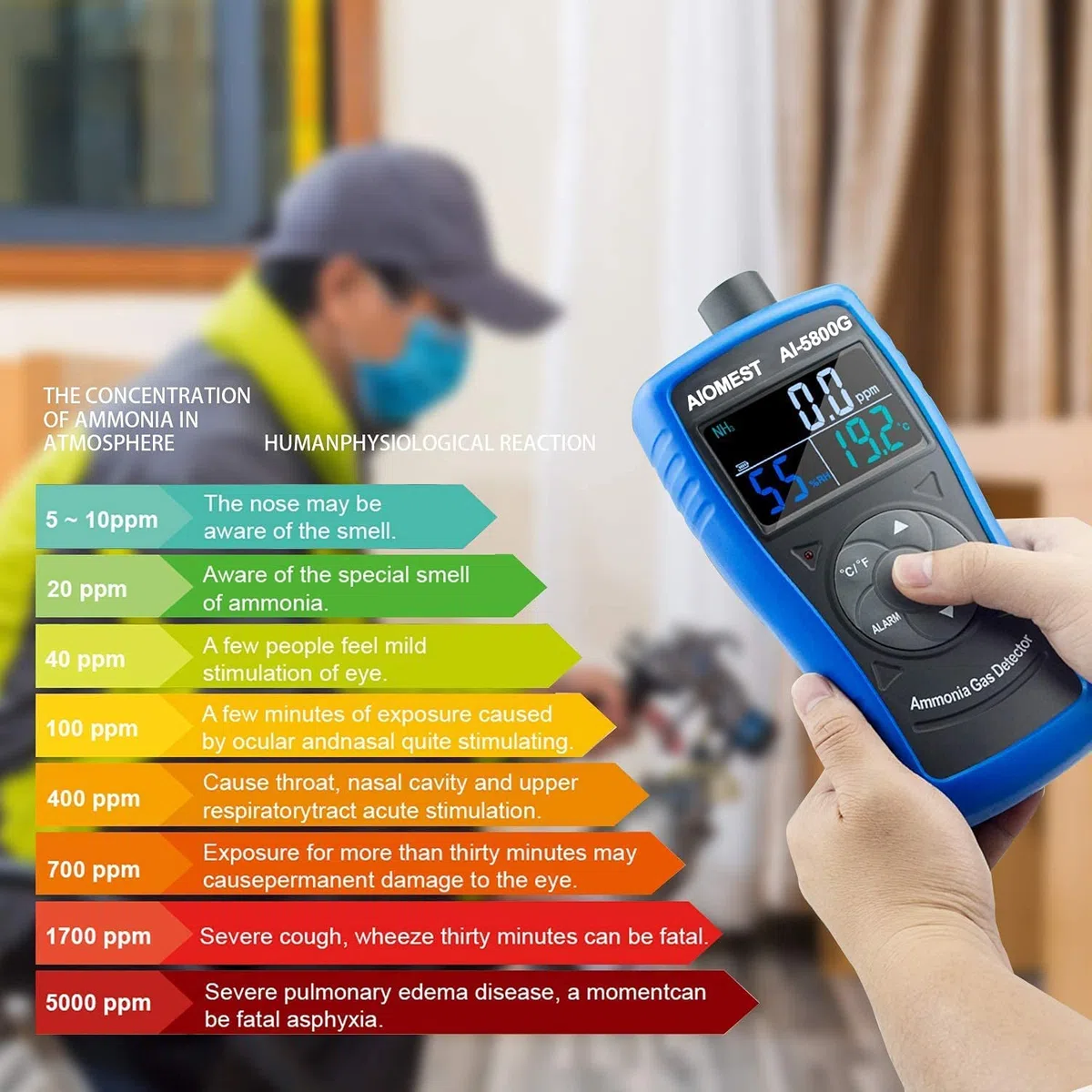 Detector de Amoníaco Profesional AIOMEST AI-5800G - Medidor NH3 Aire 0-100PPM con Alarma, Sensor Humedad/Temperatura para Decoración Hogar, Granjas Avícolas e Industria