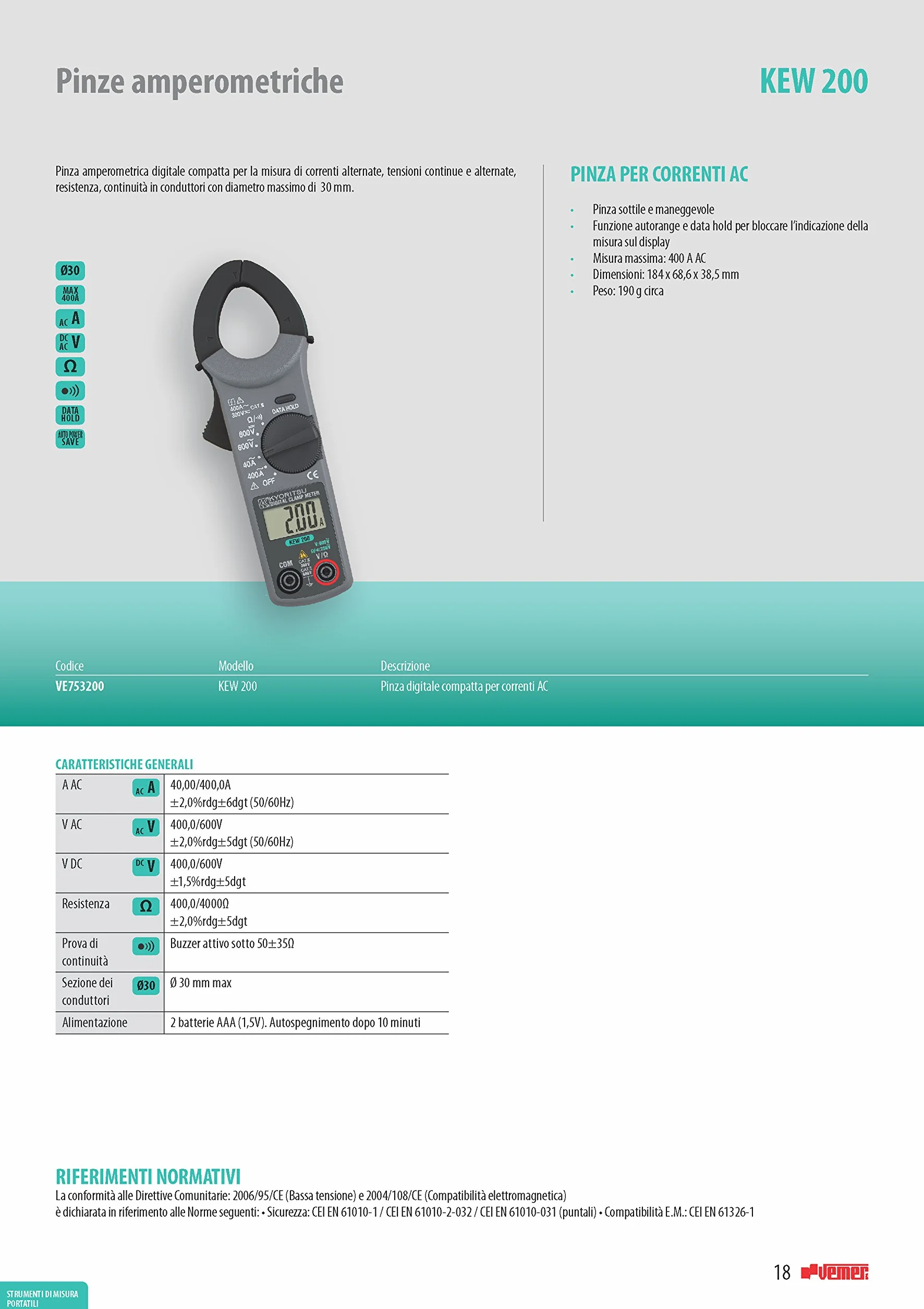 Kyoritsu Kew 200 Pinza amperimétrica digital compacta para la tamaño de corriente AC, tensioni AC/DC, resistencia, continuidad, Gris