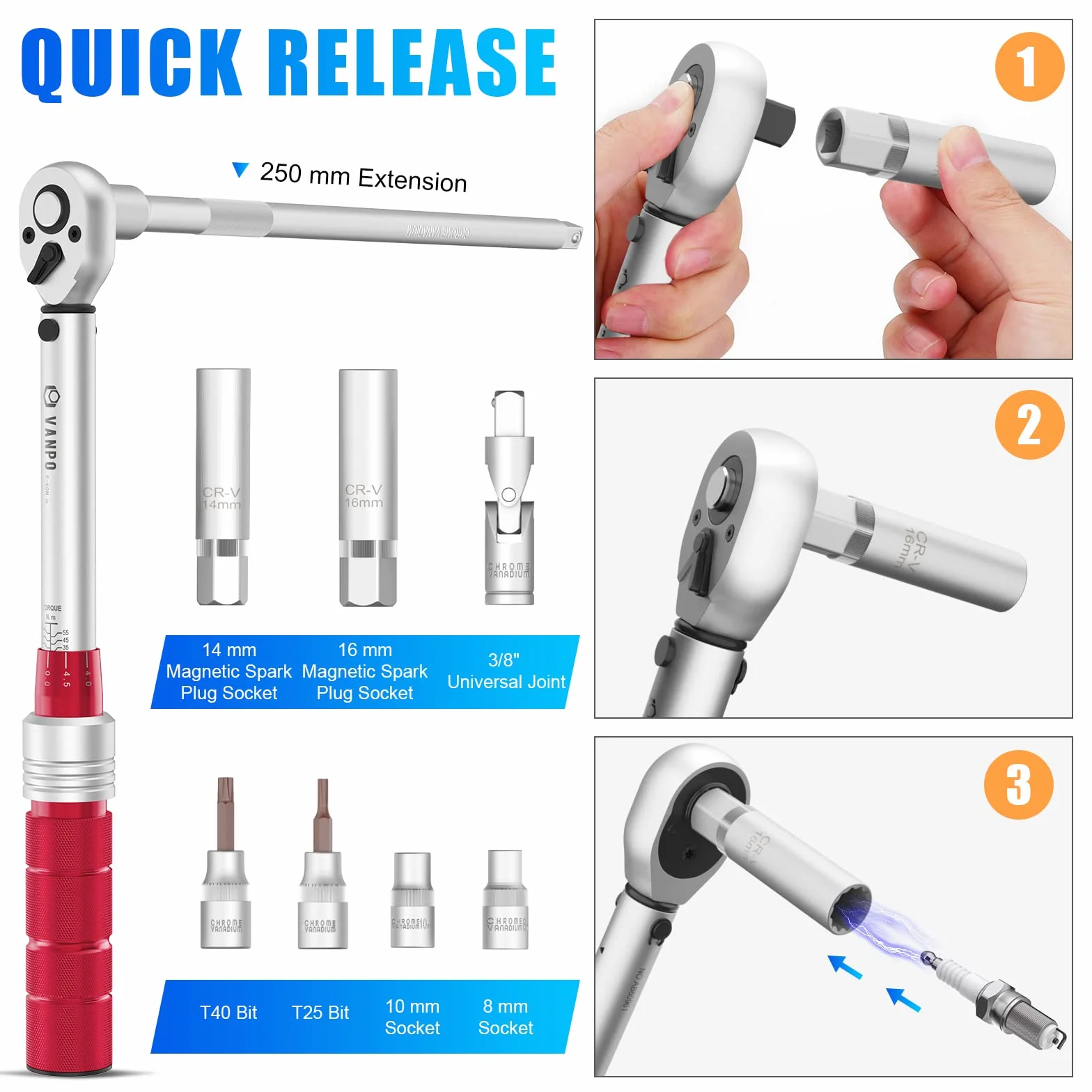 VANPO Llave Dinamométrica 3/8'', 5-60 Nm Llave de Torque, Precisión ±3%, 9 Piezas Juego Llaves Vaso con Extensión, Junta Universal, Magnética Vasos de Bujía, Bits, para Bicicleta, Moto, Coche