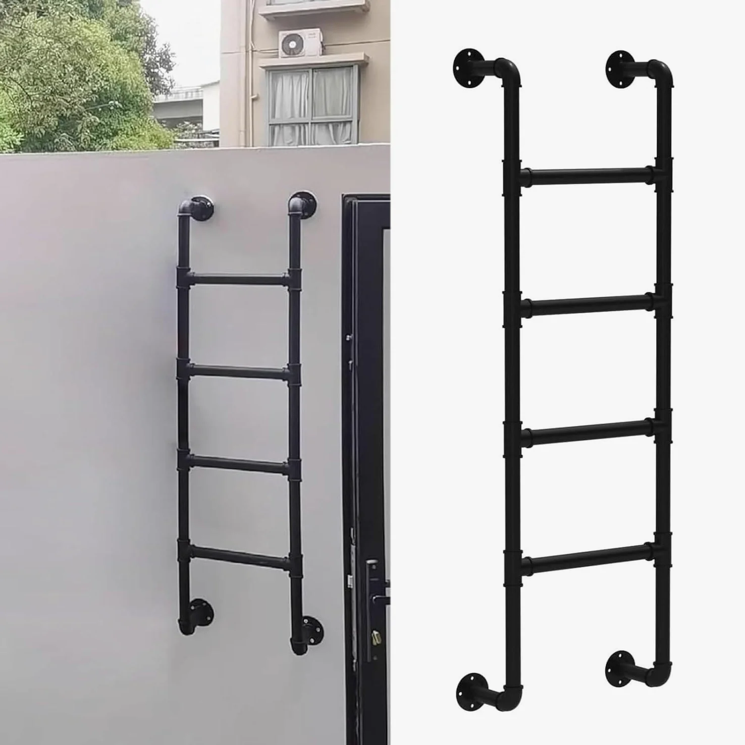 Escalera antideslizante, escalera de escape de incendios de hierro de Metal ferroso montada en la pared, escalera de seguridad del techo al aire libre con camión ático pesado de 330 libras,Black-1.4M