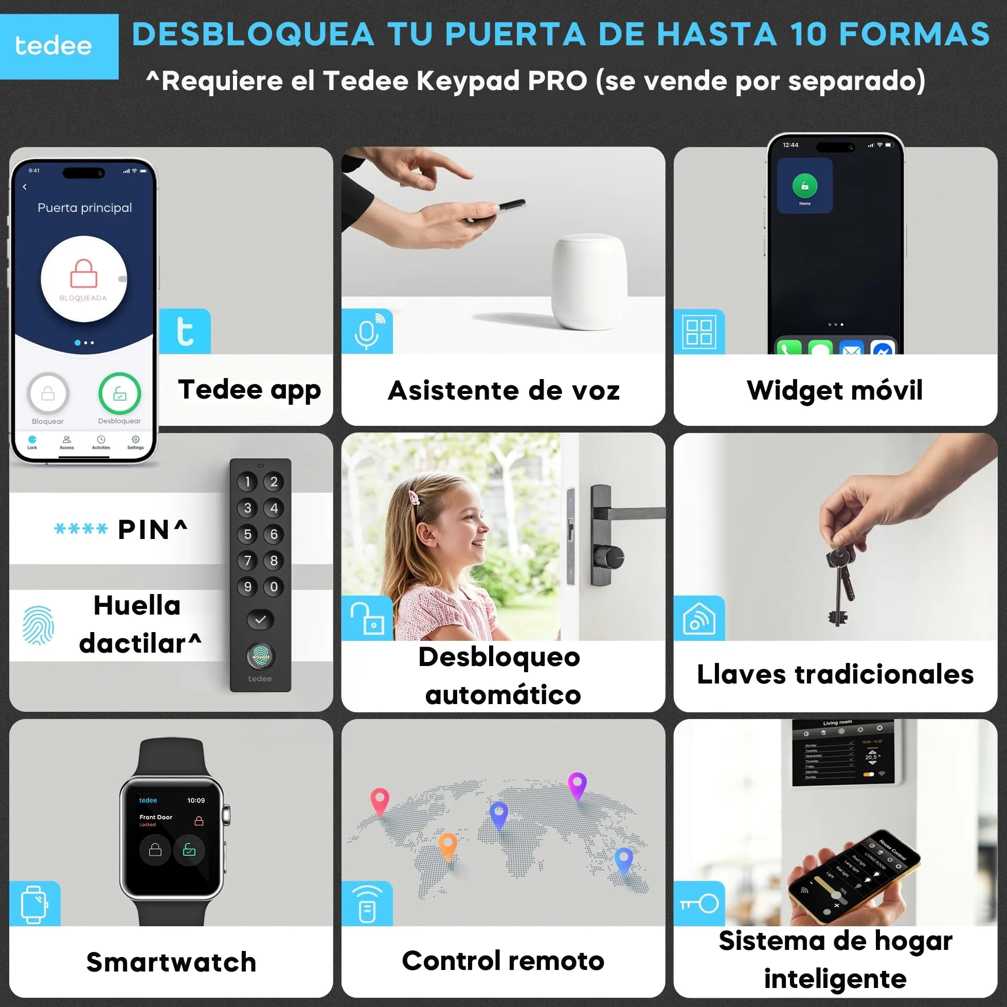 tedee GO2 Alu Cerradura inteligente con WiFi y Bluetooth | Aplicación para Acceso Remoto | Cerradura Inteligente con Desbloqueo automático | Alexa, Google Home, Apple HomeKit, SmartThings | Matter