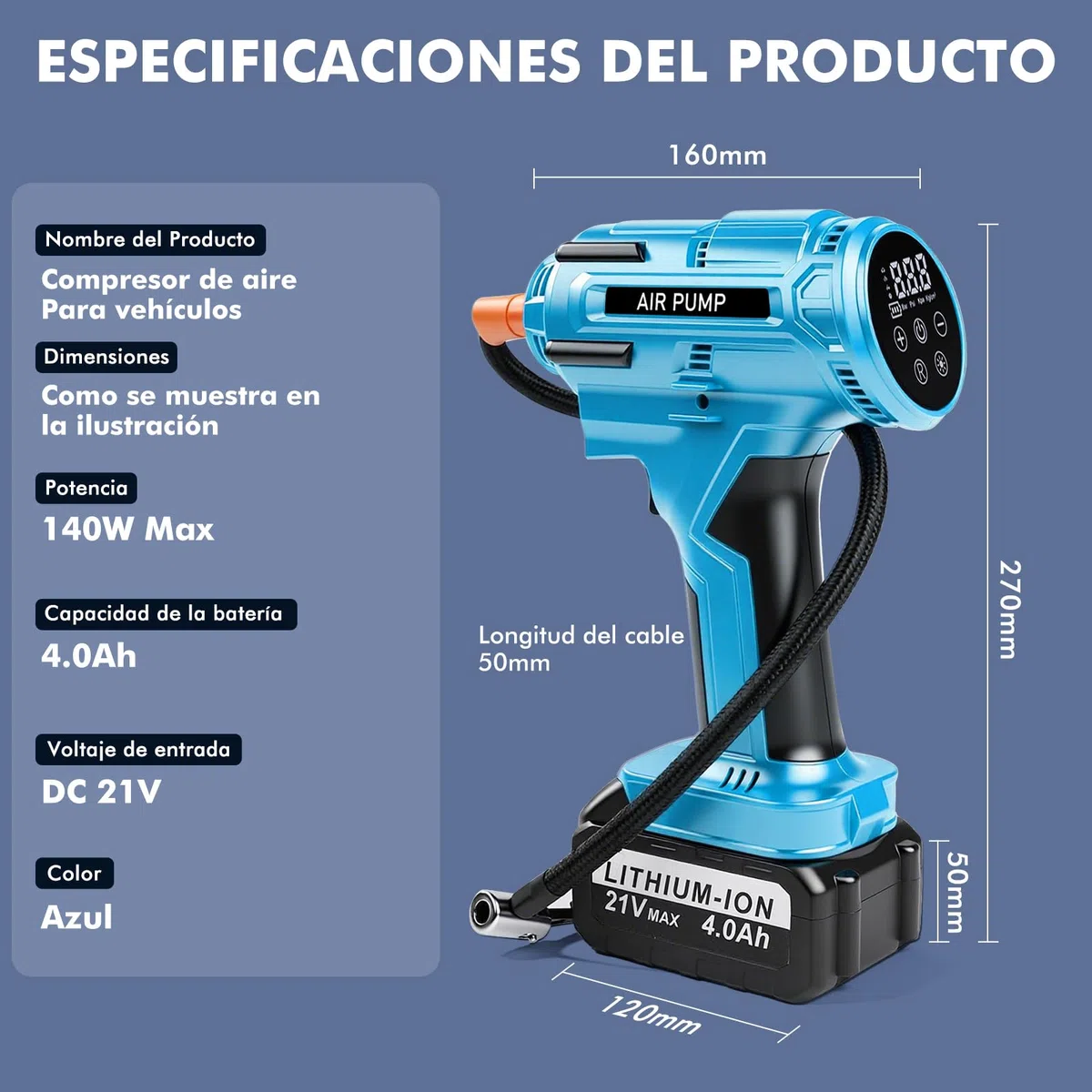 Compresor Aire Portatil Coche Bicicleta, 150PSI Inflador Ruedas Coche Bateria Recargable 4000mAh 21V, Inflador Neumáticos Electrico Bomba Inalámbrica Con LED Para Coche, Moto, Bicicleta, Pelota