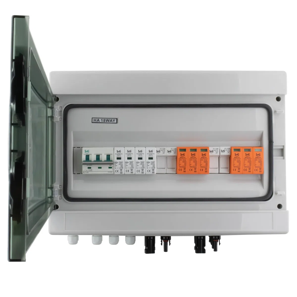 SeKi DC/AC 2 Strings 3P DC, 4P AC T2 Solar caja de conexiones Protección contra sobretensiones/protección contra rayos 32 A 1000 V; carcasa de superficie IP65 18 módulos; fotovoltaica fotovoltaica