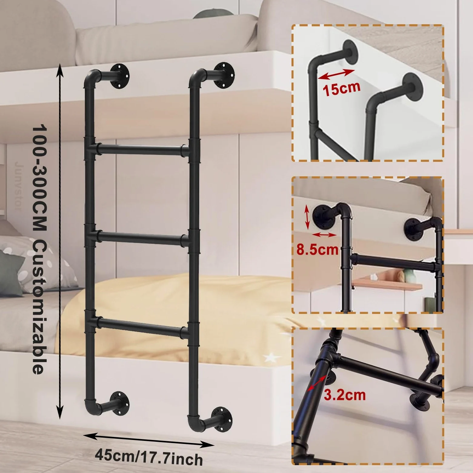 Escalera de hierro forjado de hierro forjado montada en la pared para el ático de la ventana, con diseño antideslizante para el hogar, loft, escalera de escape de incendios, 100 300 cm (175 cm)